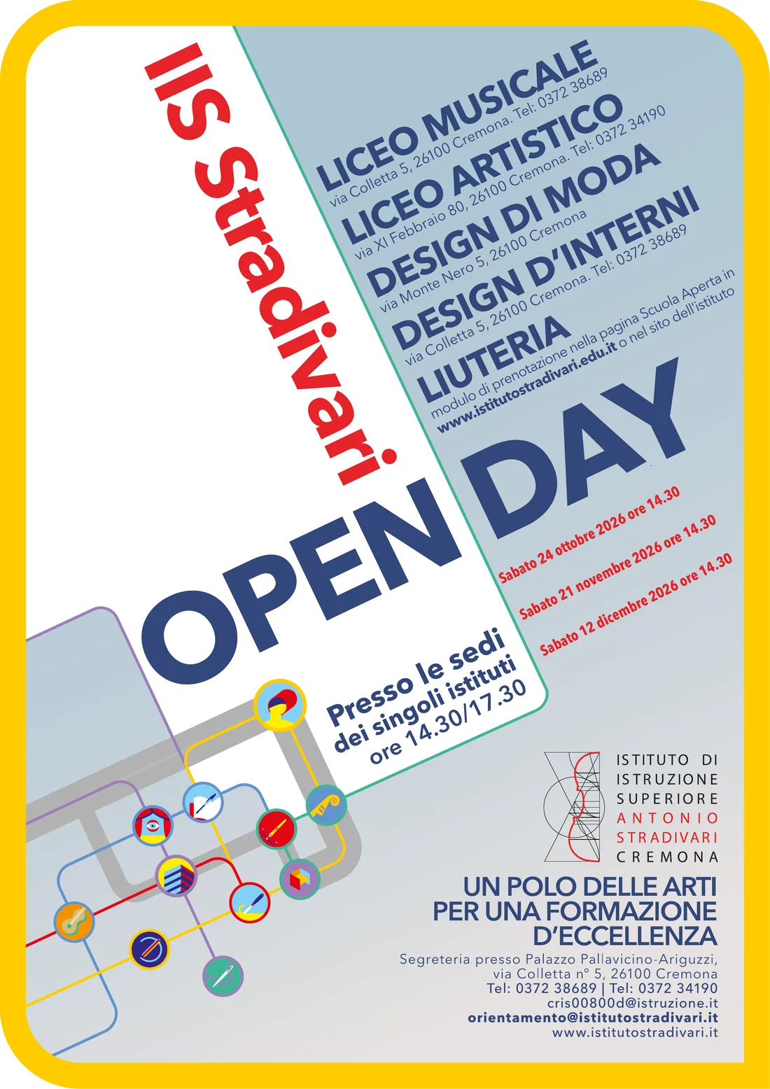 Locandina ufficiale Open Day 2026 dell'IIS Stradivari: sabato 24 ottobre, 21 novembre e 12 dicembre 2026 alle 14:30